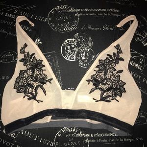 Tan Bralette with Black Flower pattern